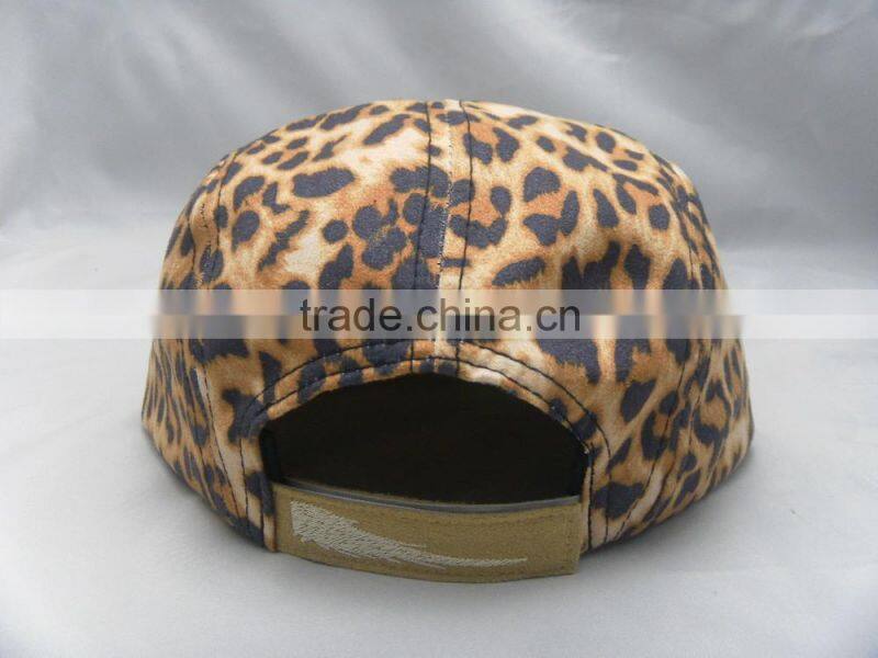 Leopard crown suede brim custom 5 panel camp hat with leather patch