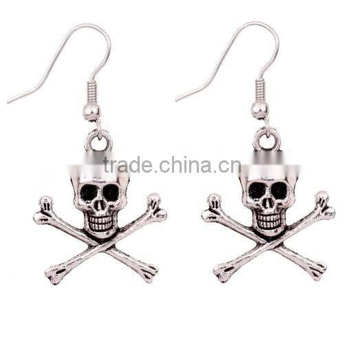 wholesale fashionTibetan Silver Cool Tibetan Silver Skull Human Skeleton Ear Wire Hook Dangle Earrings(HE-041)