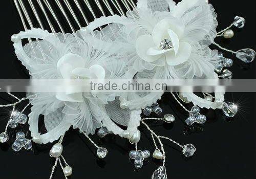 Bridal Wedding Handmade White Flower Satin Crystal Hair Comb CT1384