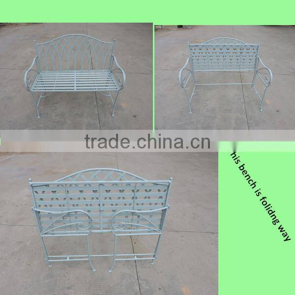 Foldable Blue Wrought Iron Outdoor Bench