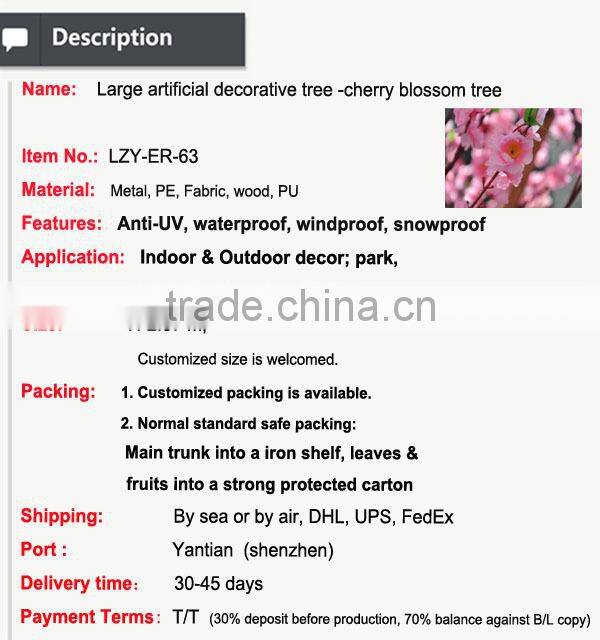 2015 Spring new product cherry blossom flower lagrge artificial decorative tree artificial cherry blossom tree
