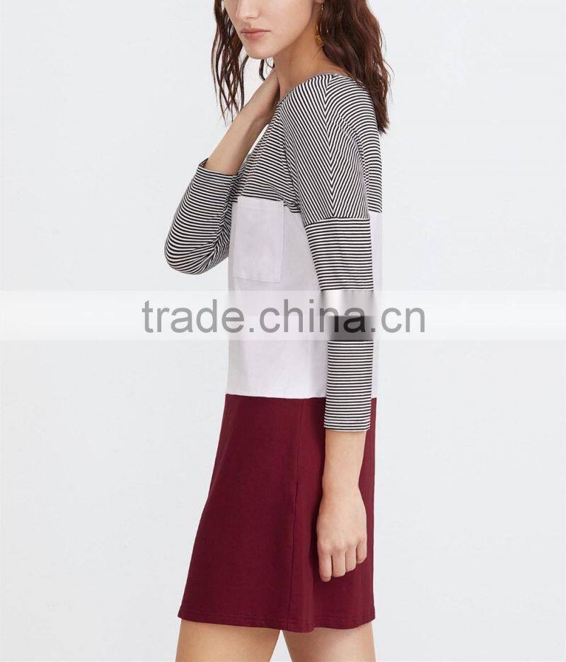 Color Block Drop Shoulder Pocket Front Tee Dress Spring Dress New Arrival 2017 Women Long Sleeve T-shirt Dress