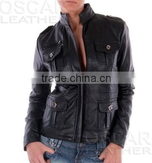Women Genuine Black leather jacket for winter