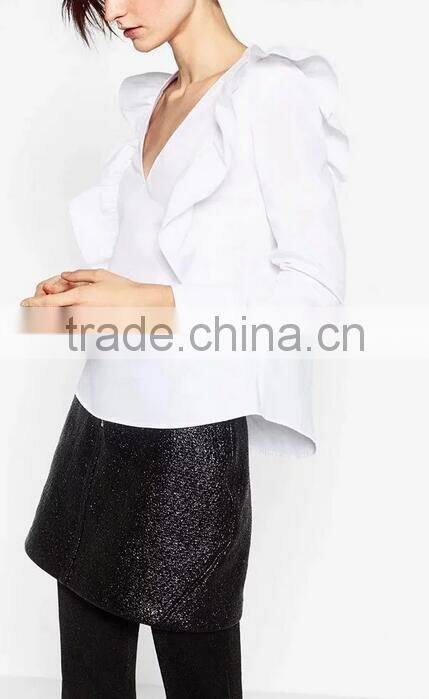 Runwaylover EY2390B Ladies Sexy Deep V-Neck 2017 Falbala Pure Color Blouse