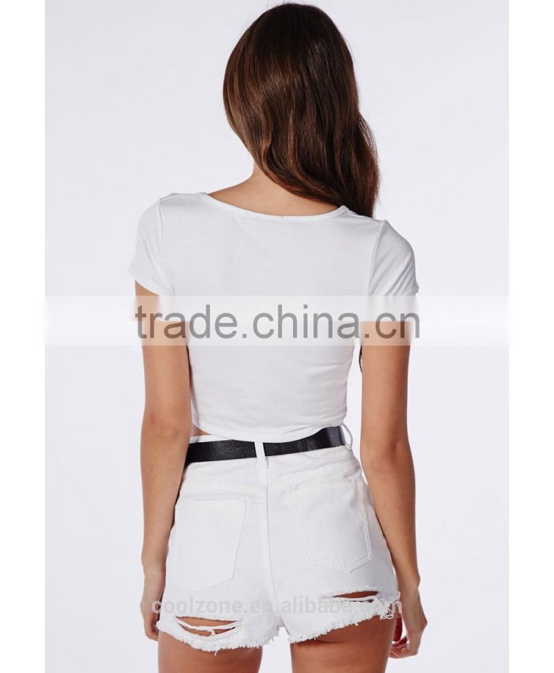 Plain fashion cap sleeve round neck knot front wihte blouse