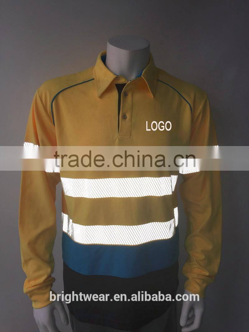 Hot sale custom printed polyester safety hi vis micro mesh heat-applied tape reflective polo shirt