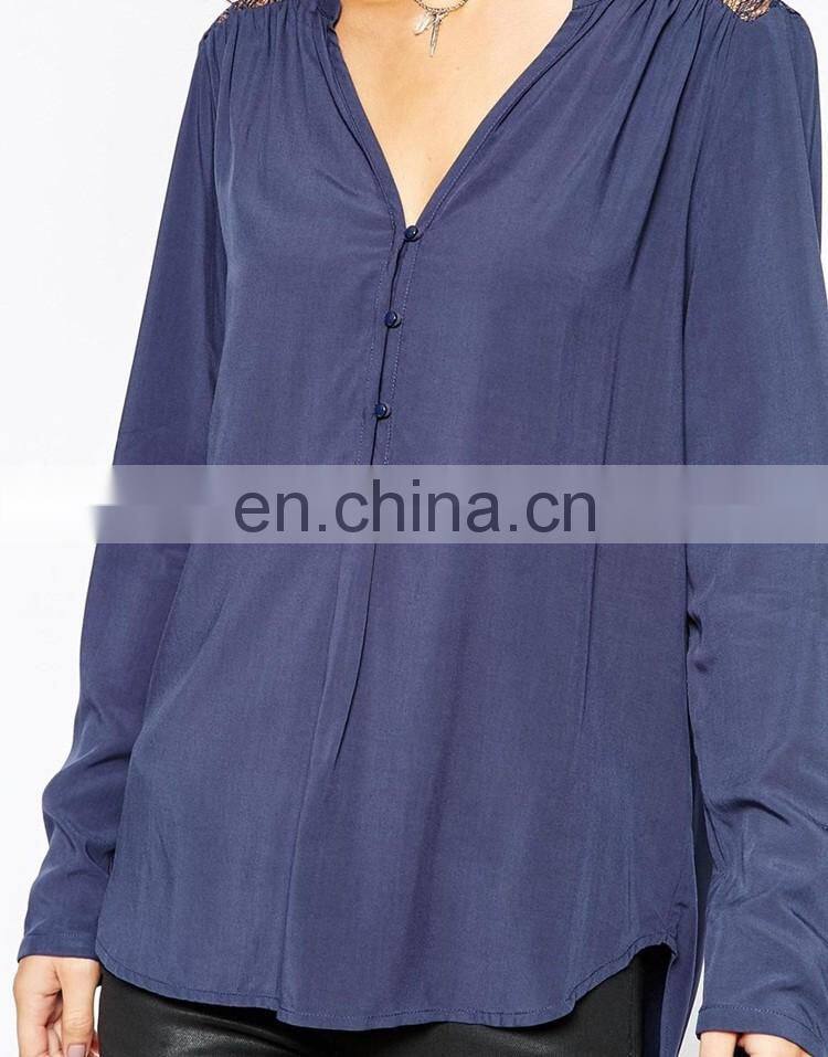 Latest fashion design model simple Lace Insert Blouse