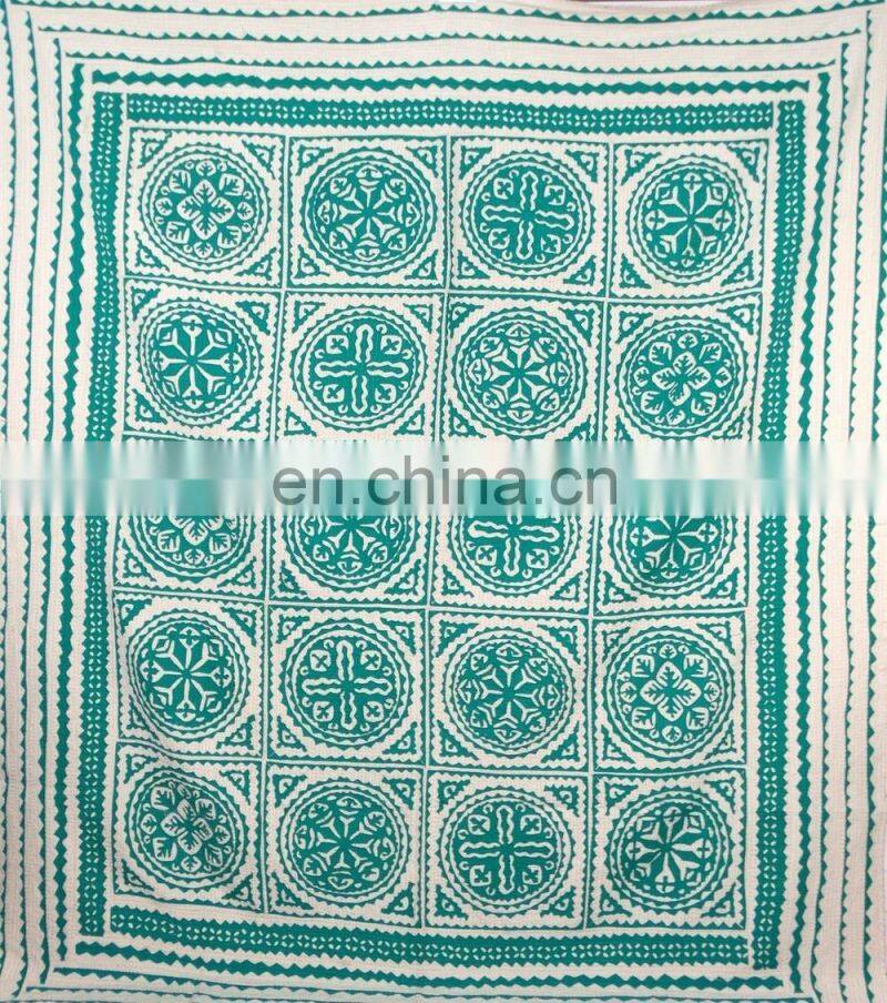 Green Applique Kantha Bedspread Quilt Indian Cotton Bed Cover Patchwork Cutwork with Fine Hand Kantha Work Ralli