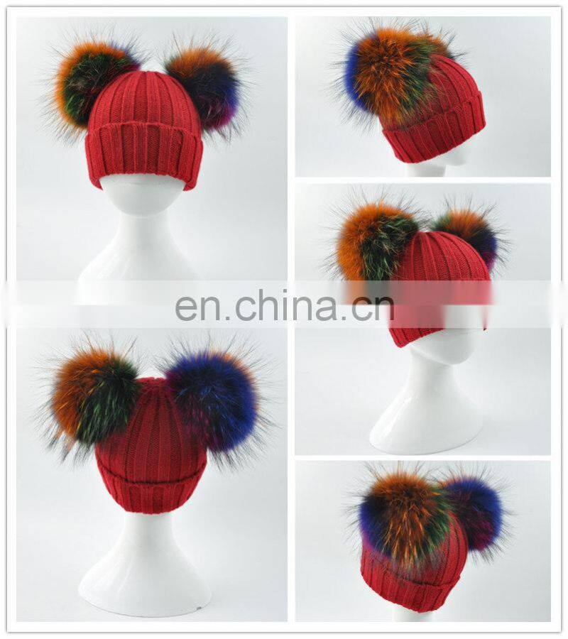 Wholesale Custom Colorful Double Poms Hat Winter Newest Cute Kids Hats Knitting Beanie Hat Kids