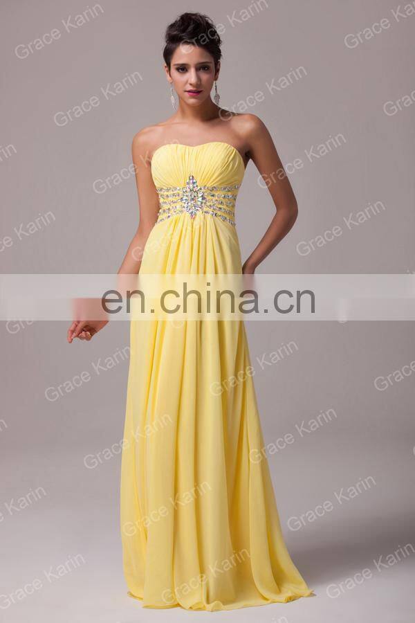 Grace Karin Strapless Sweetheart Long Chiffon Cheap Yellow Prom Dress Patterns CL6002