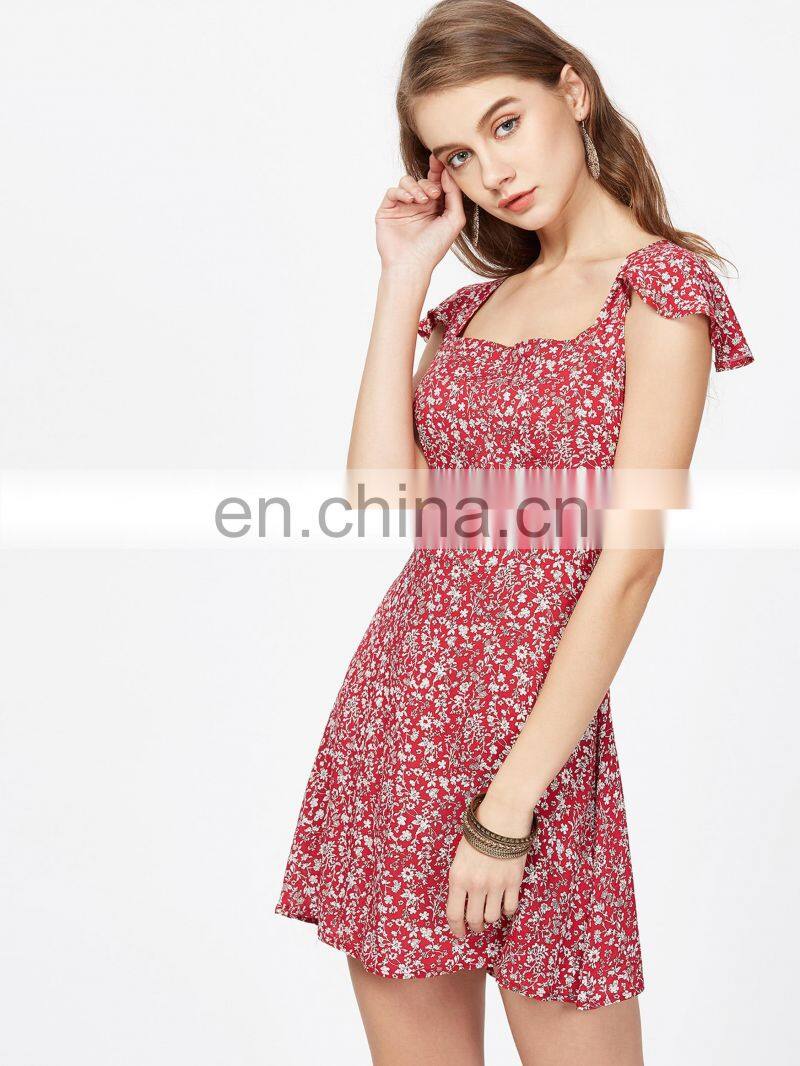 Florals Square Neck Criss Cross Bow Tie Back Beach Dress Sexy Model Hot Photos