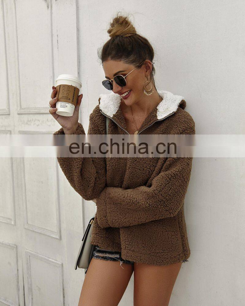 Wholesale custom women's jackets Casual and comfortable long-sleeved hooded zipper loose solid color street style