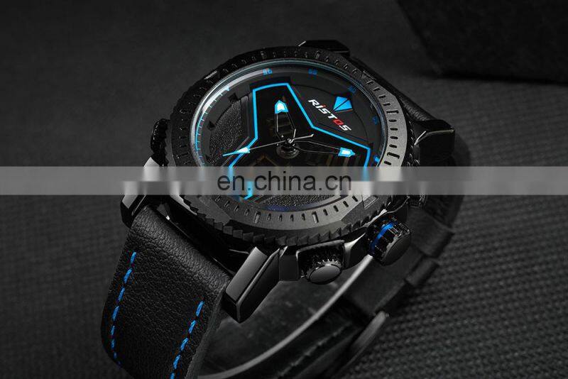 RISTOS 9341 Super Cool LCD Display Watch Leather Multifunction Backlight Men's Chronograph Watch