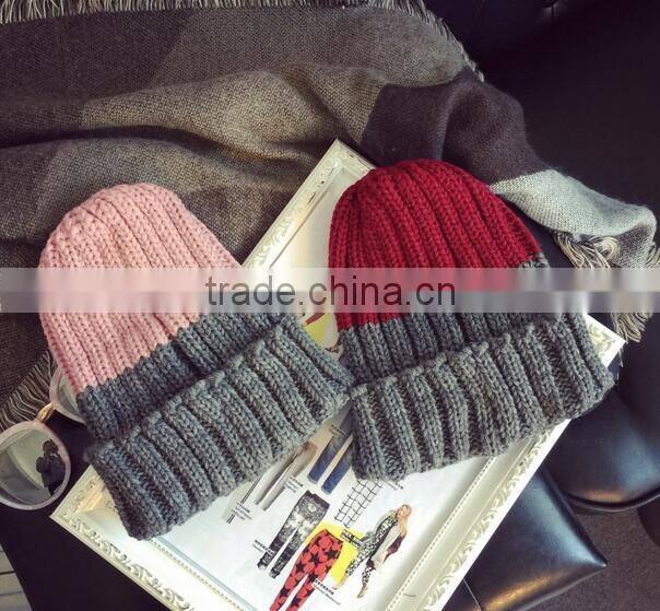 Hot Selling Peaked Top Two Tone Colors Rolled Brim Crochet Knitting Hat and Cap