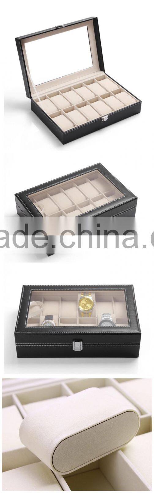 Custom 12 Slot Black Leather Wrist Watch Display Box With Clear Lid