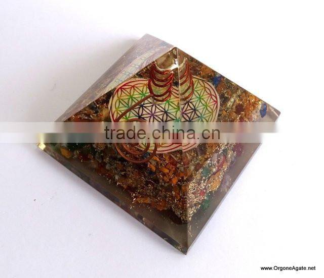 Big Orgone 7 Chakra Stone Pyramid With Flower Of Life Symbol And Crystal Point | Chakra Pyramid