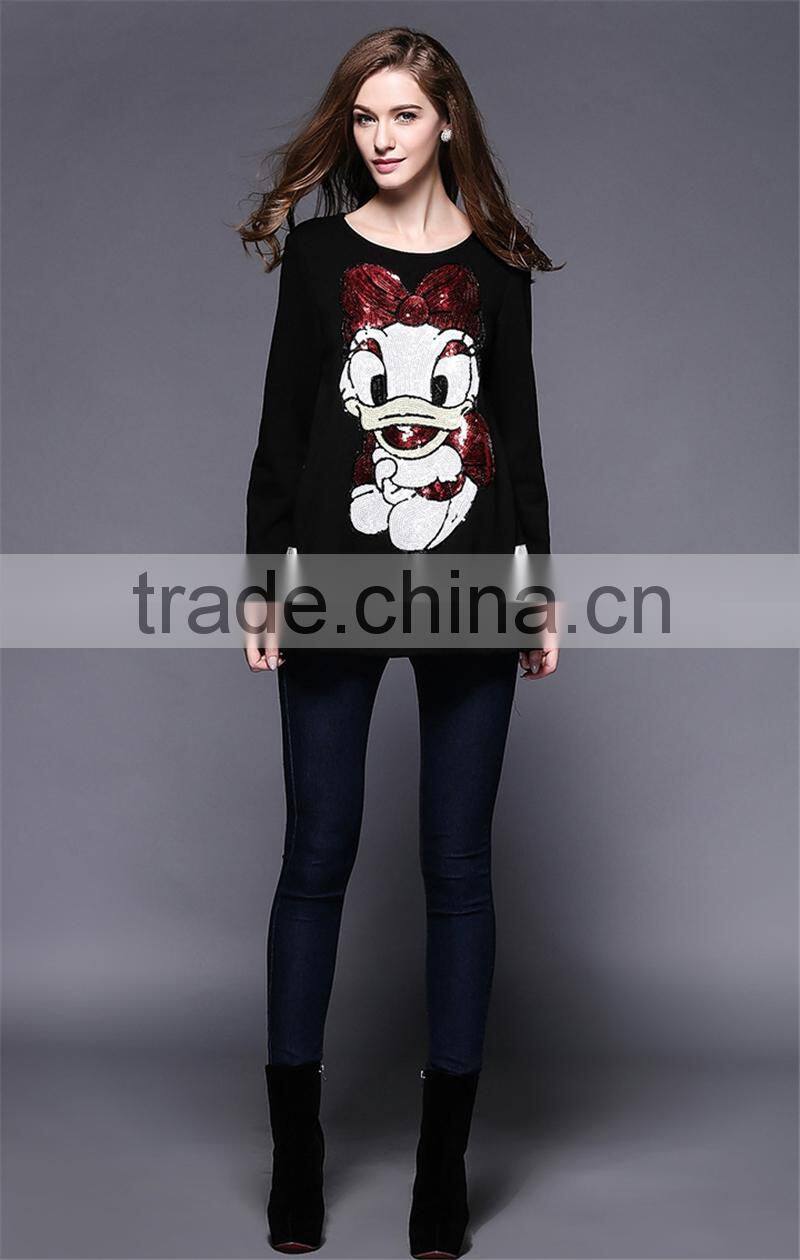 2016 Spring New Latest Fashion Design Plus Size Loose Style Long Sleeve Black Women Long Tops