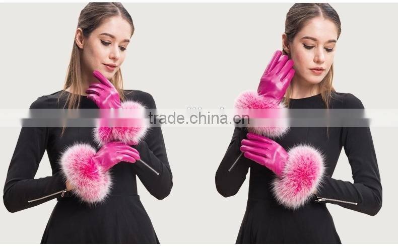 Hot Pink Lamb Leather Gloves With Fluffy Fox Fur Trim Fashion Leather Wrist Gloves