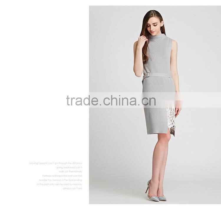 Fashion Lady Sleeveless Knitting Dress 2016 Summer Woman Thin Long Sweater Pullover Femme Robe De Tricot Lace Patchwork