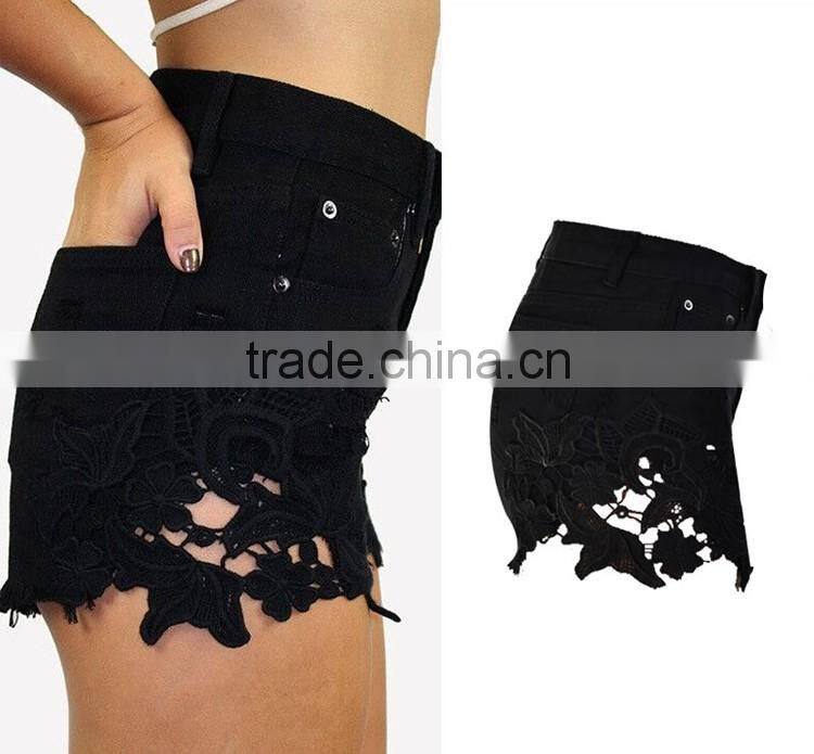 2016 Summer Fashion Women Lace Patchwork Ripped Denim Shorts Cotton Ladies New Style Tassel Fringed High Waist Short Pants