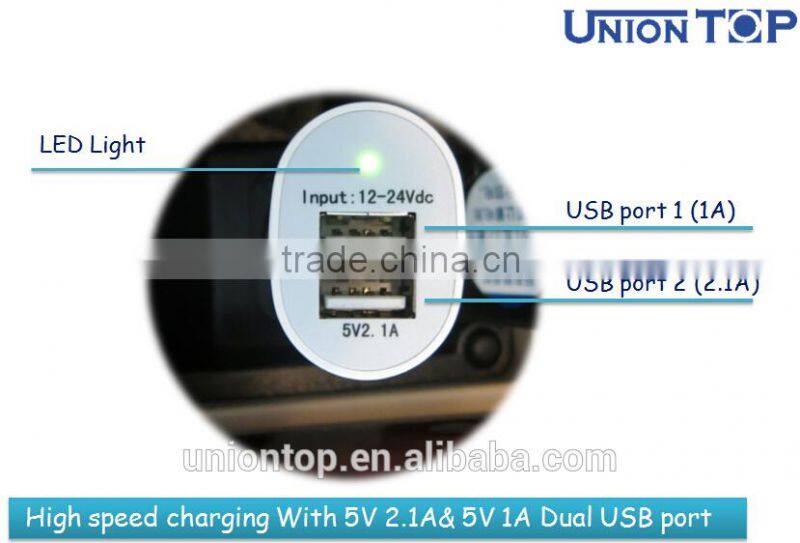 Input 12-24v output 5v 1a/2.1a double usb car charger with led light for phone and tablet