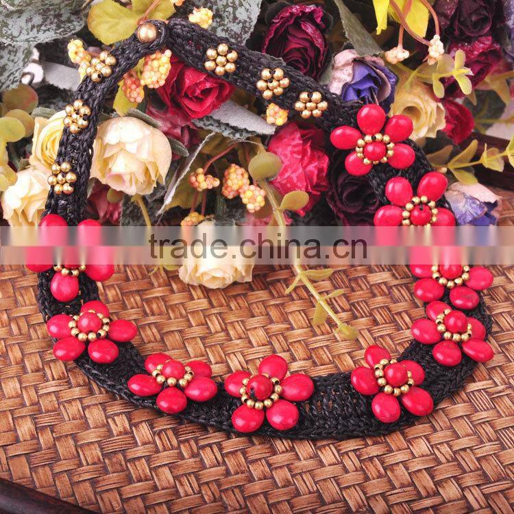 wax cord red tophus ethnic embroidery hand made necklace for women