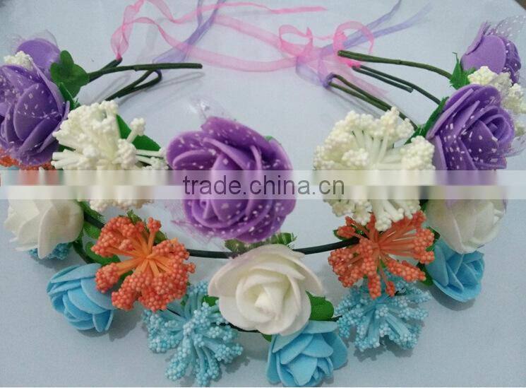 Mixed big rose headband with color silk ribbon ,PE rose flower hairband headband