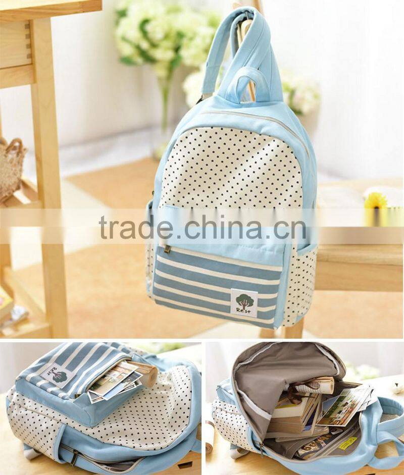 Canvas Polka Dots and Stripes School Bag School Backpack For Campus Hiking Travel Book Bag