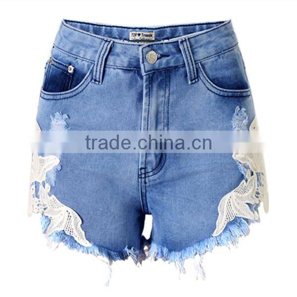 Bohemia style women high waist ripped jeans lace shorts