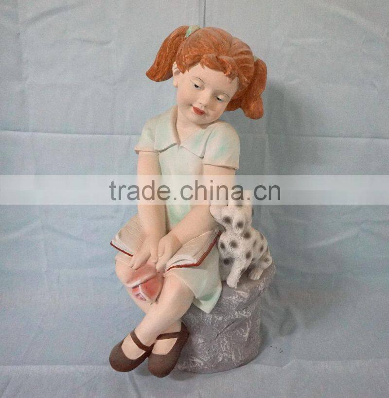 Fiberglass garden girl and dog sculptures decor