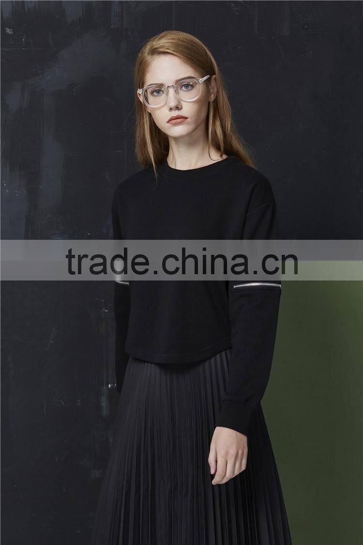 long sleeve pure color curved hem black pullover no hood blank sweatshirt crewneck women custom with two zips on the sleeve