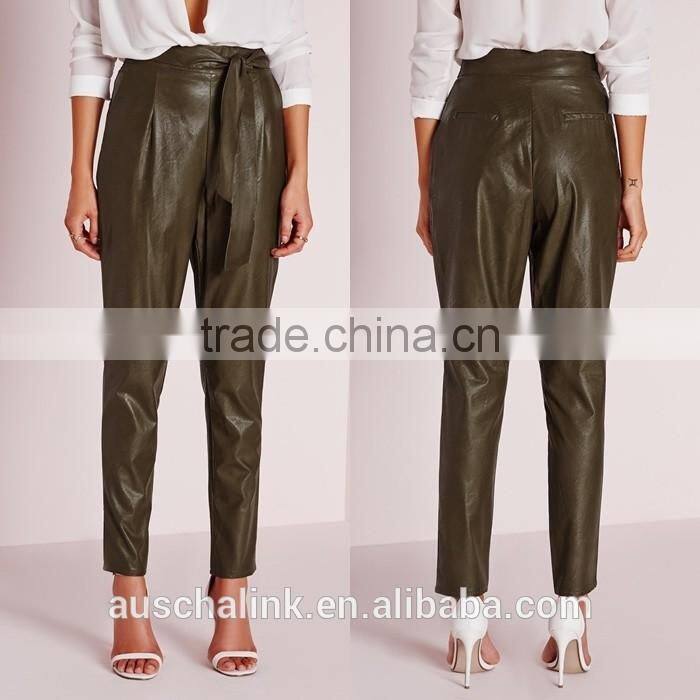 new arrival khaki tie waist faux leather pants women