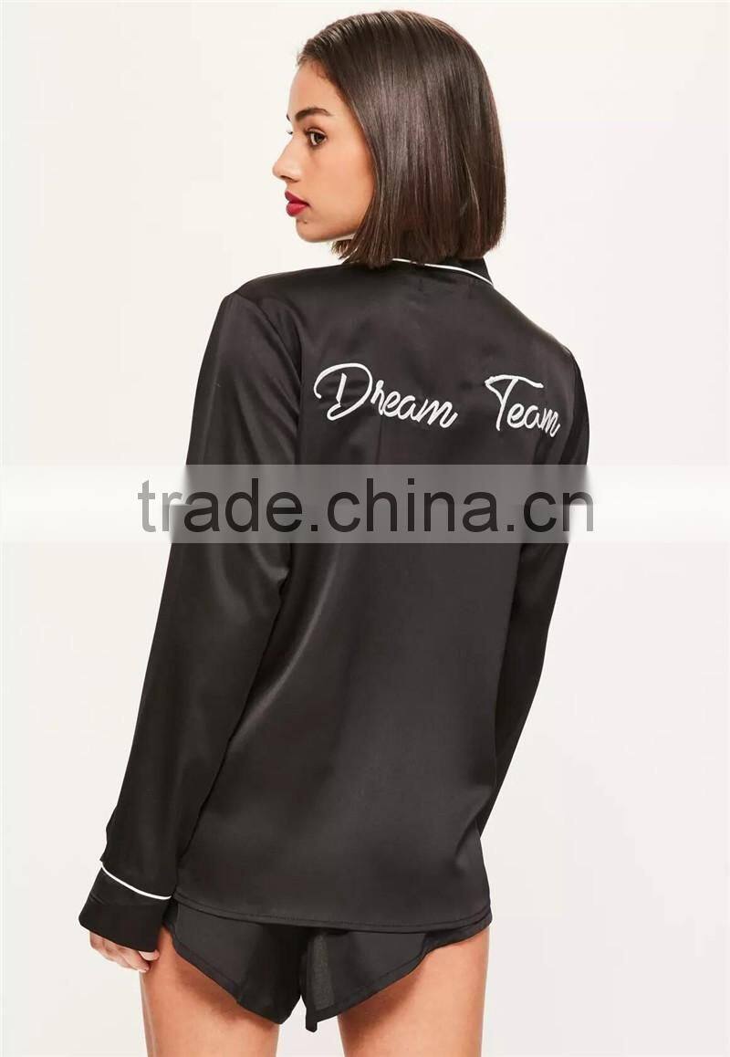 MGOO Custom Designs Women Long Sleeves Black Satin Embroided Pajama Sets Silk Custom Logos Your Tag Sleepwear