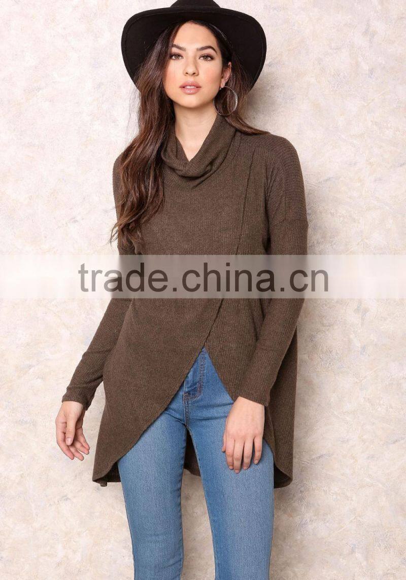 MGOO Handmade Sweaters For Girl Brown Asymmetric High Neck Overlay Tops Long Sleeves Fashion Winter Tops