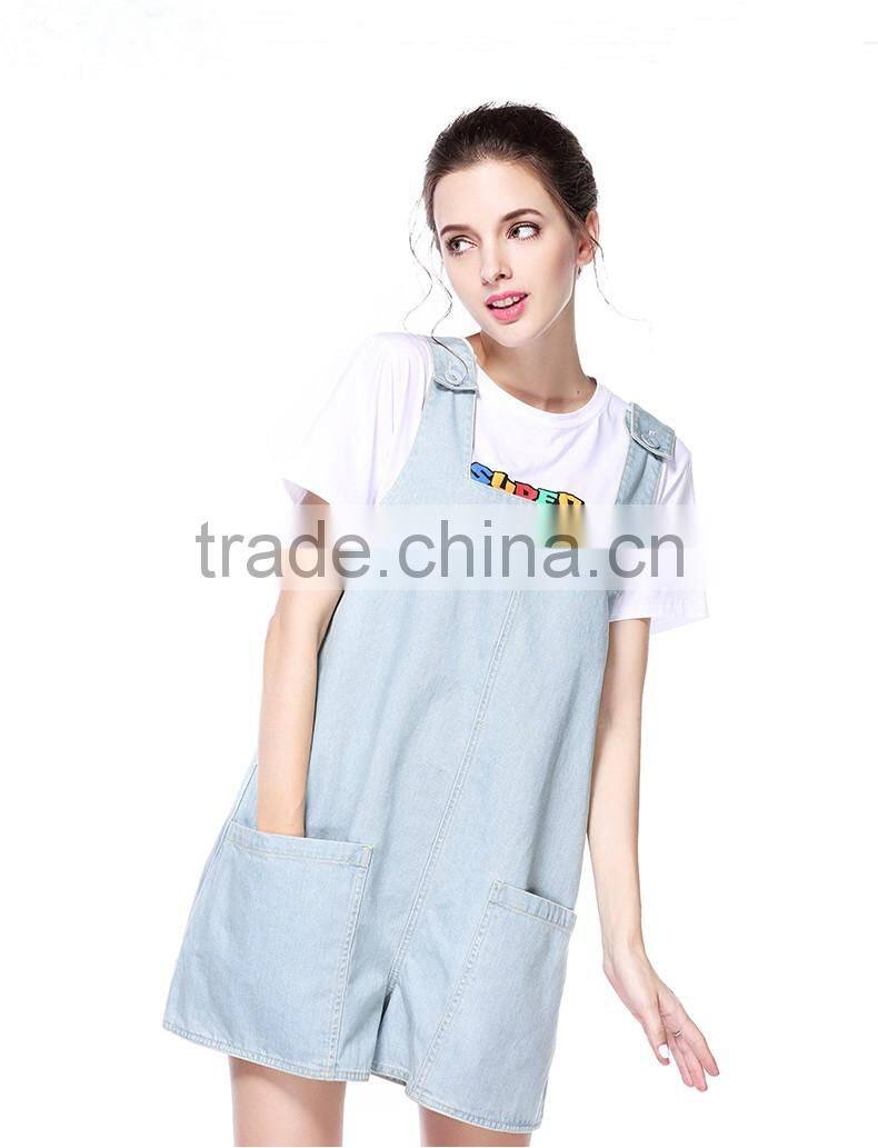 Women's summer casual light blue denim jeans hot shorts/short suspender bib overalls