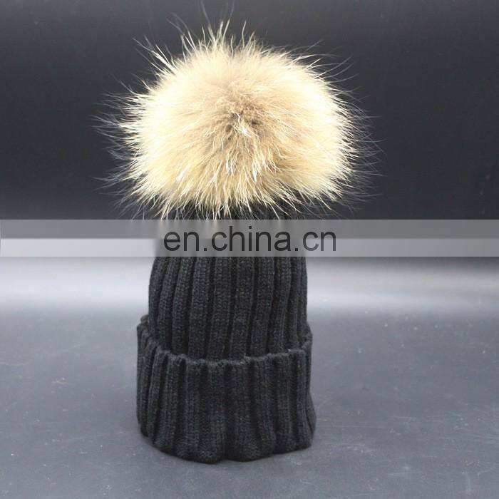 New Cute Winter Hat With Big Real Raccoon Fur Ball Crochet Baby Beanie Hat