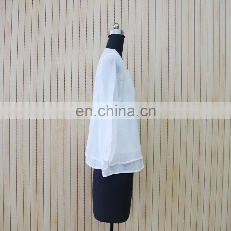 women hot sale flounce hem white 3/4 sleeve double layer blouse