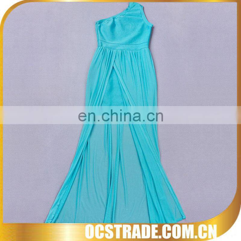 2014 blue mesh maxi one shoulder draped cocktail dresses