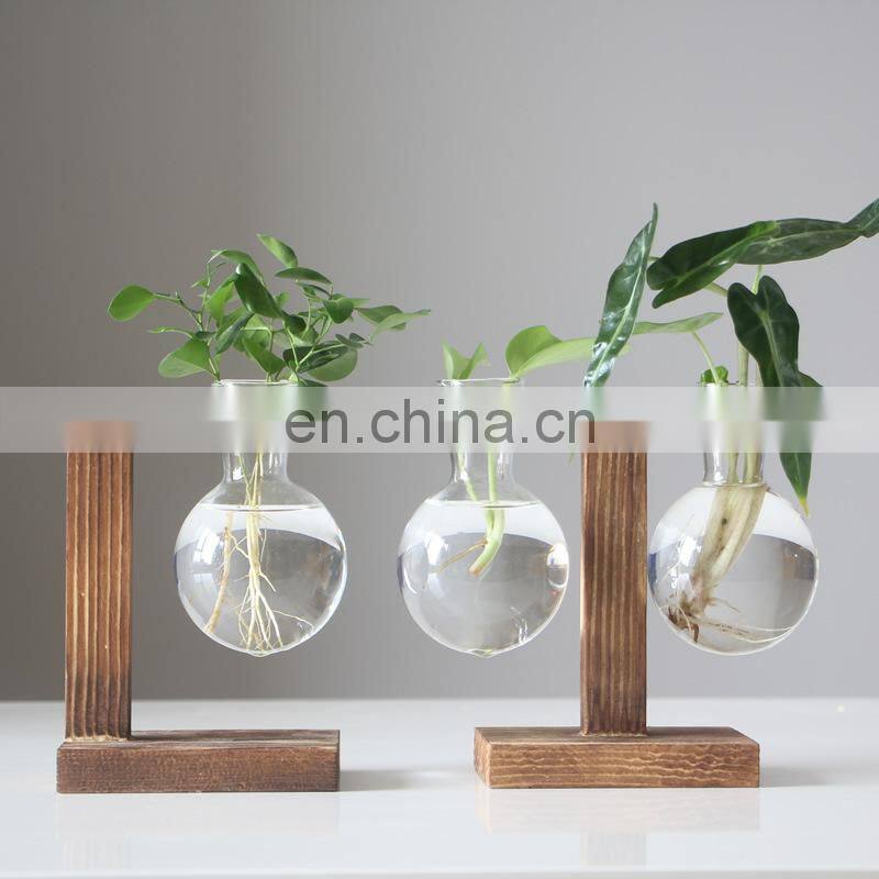 Terrarium Hydroponic Plant Vases Vintage Flower Pot Transparent Vase Wooden Frame Glass Tabletop Plants Home Bonsai Decor