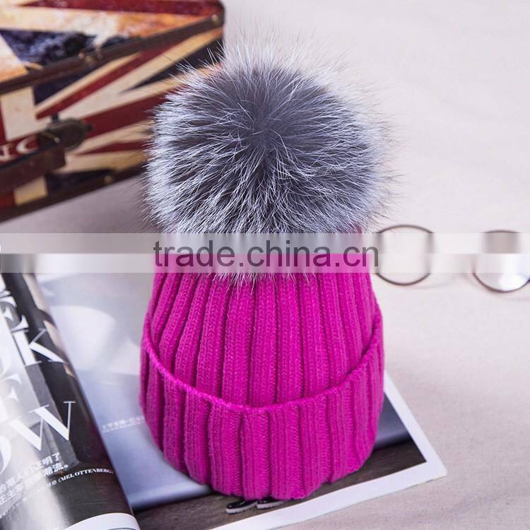 New Arrival Winter Fashion Girl Wool Knit Silver Fox Fur Hats