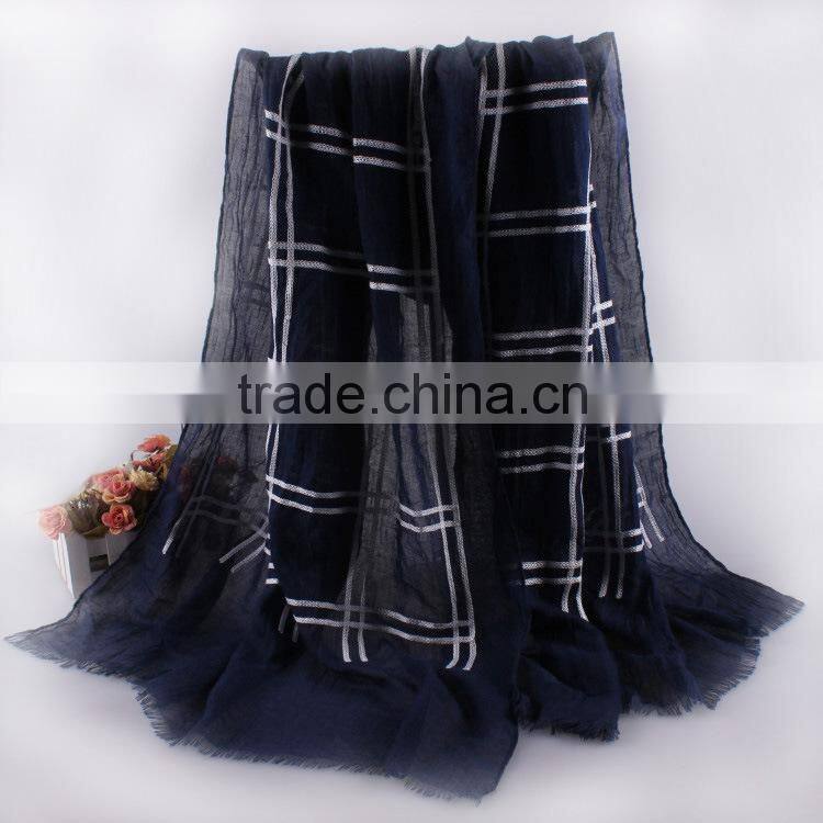 Wholesale Korean Fashion Woman Checked Plaid Embroidery Design Tassel Wide Voile Cotton Scarf