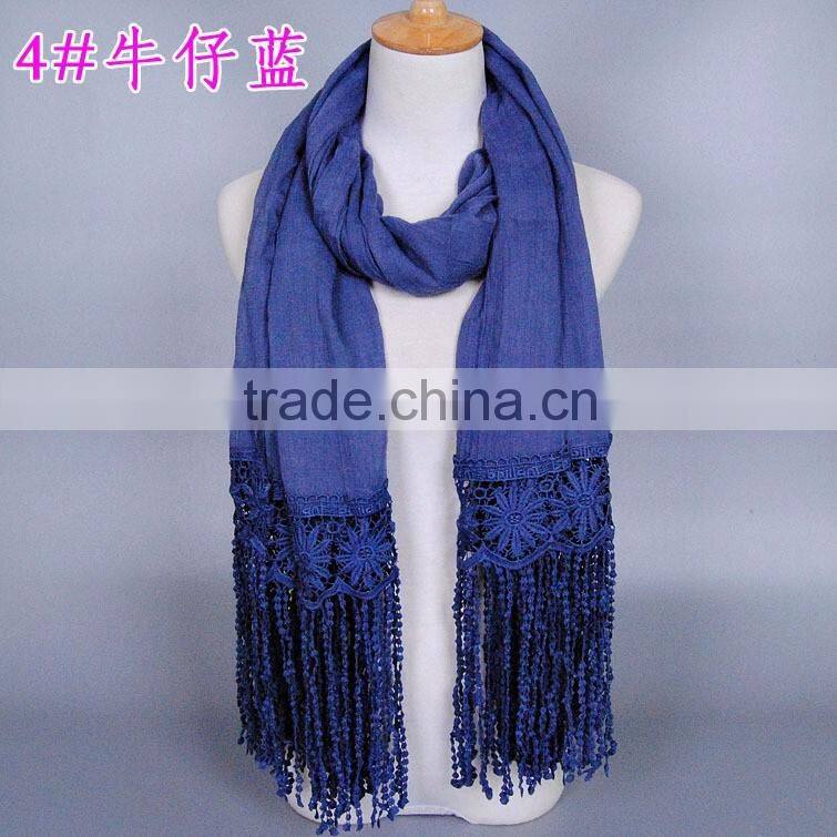 New Design Korea Women Fashion Cotton Plain Lace Scarf