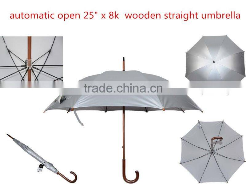 25 inch 8 panels wood shaft windproof staight gray rain umbrella