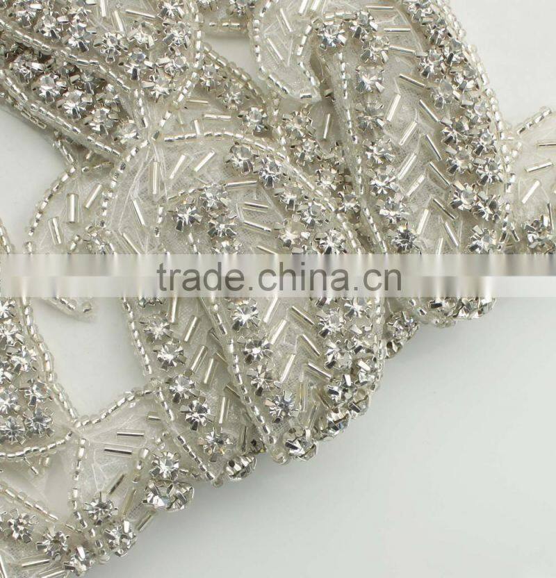 30mm crystal wedding leaf shape bead trim for bridal sash R2319
