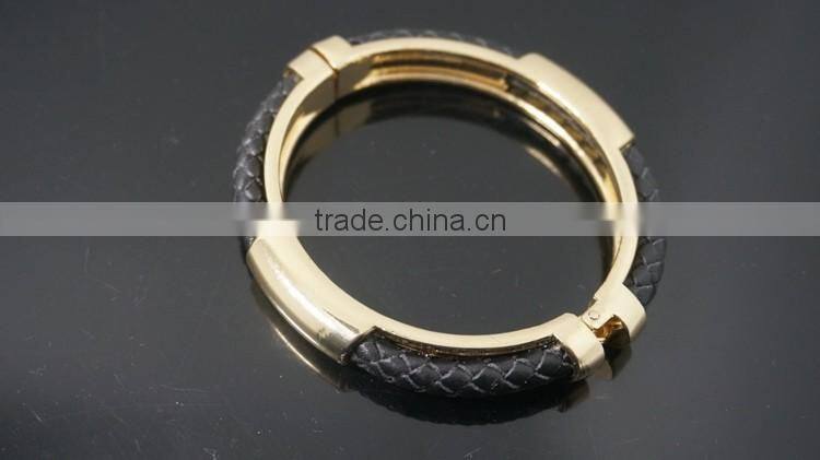 Alloy bangles gold plated with braided leather bracelet embedded stylish bangle
