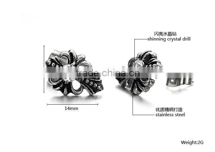 KSTONE High Polished Stainless Steel Rhinestone Men Black Cross Stud Earrings