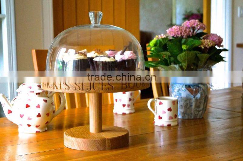 Oak Cake Stand with Laser Logo For Party Home Use Dessert Holder With Glass Cover