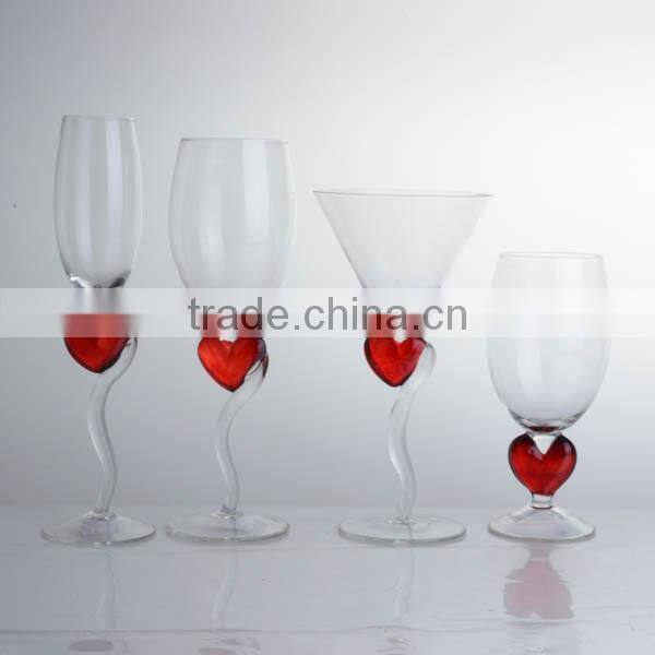 hand made clear wine glass flute champagne with red heart