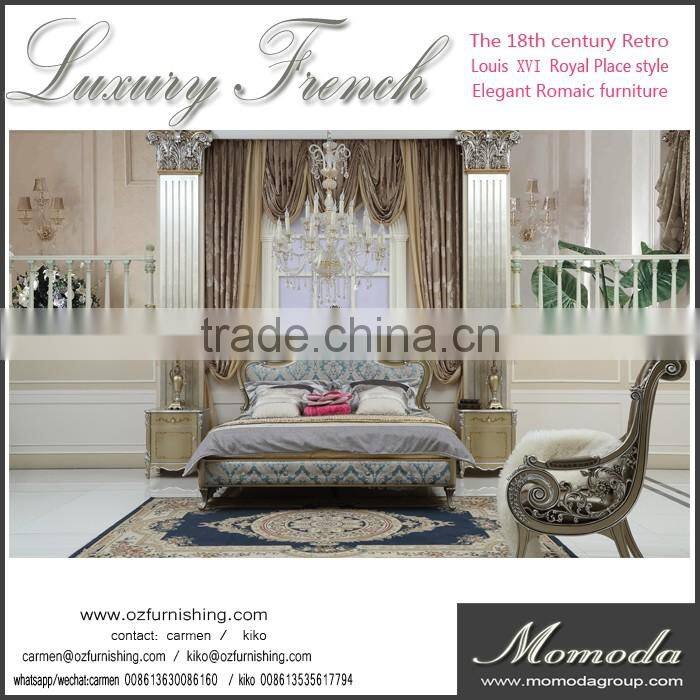 CB31luxuious antique solid wood Italian Baroque elegant leather crystal button upholstery European style king size bedroom