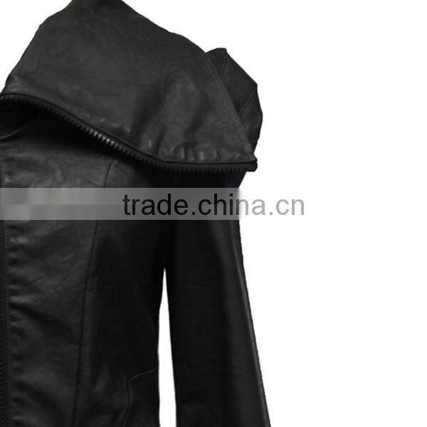 Special Deisgn Cool Style Long Flared Side Neck Design Black Leather Jacket for Women